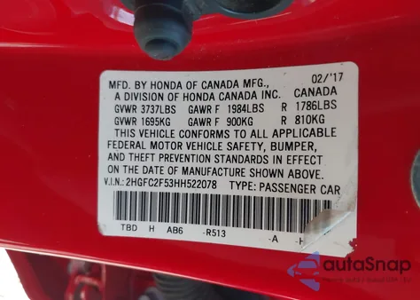 2017 Honda Civic Lx z USA, uszkodzony, nr VIN 2HGFC2F53HH522078